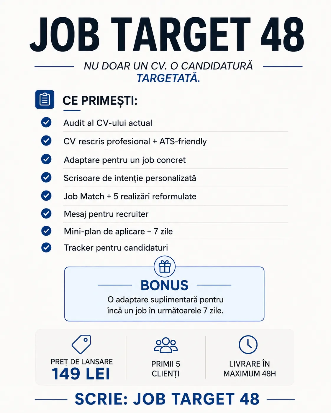JOB TARGET 48–CV+Scrisoare+Adaptare pentru jobul dorit 149 lei