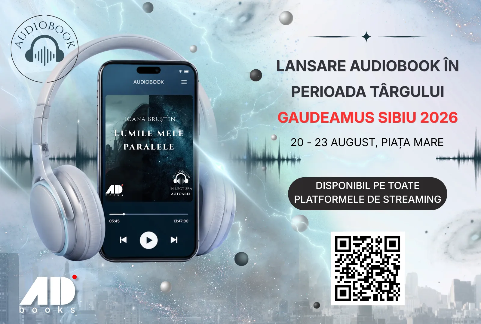 Material vizual creat pentru promovarea unui audiobook, conceput pentru a atrage atenția și a transmite într-un mod clar și atractiv informațiile despre titlu.