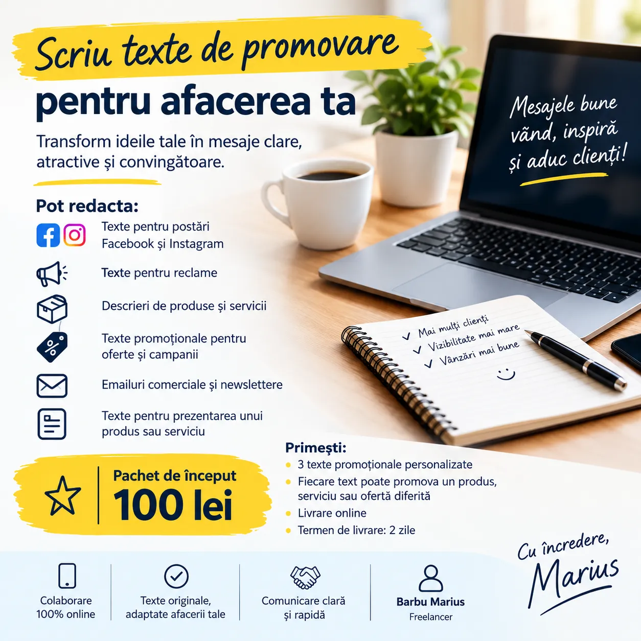 Scriu texte de promovare pentru afacerea ta – postări, reclame și emailuri